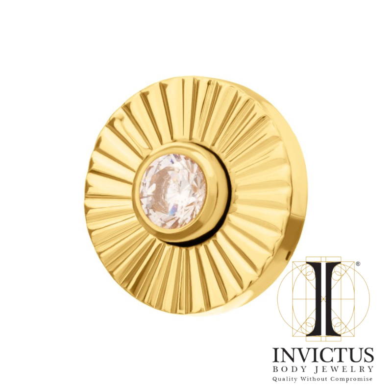 24Kt Gold PVD Titanium Threadless Corrugated Circle with Bezel Gem Ends