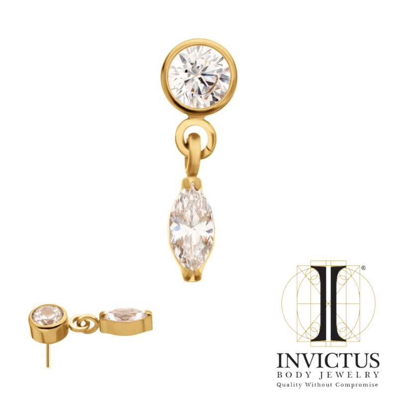 24KT Gold PVD Titanium Threadless Bezel Gem Ends with Marquise Dangle
