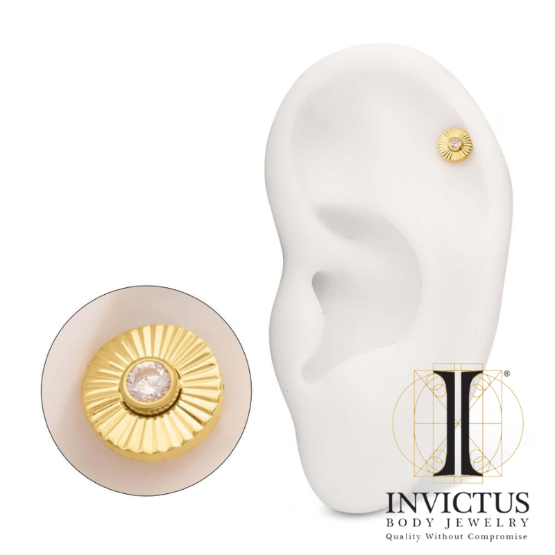 24Kt Gold PVD Titanium Threadless Corrugated Circle with Bezel Gem Ends