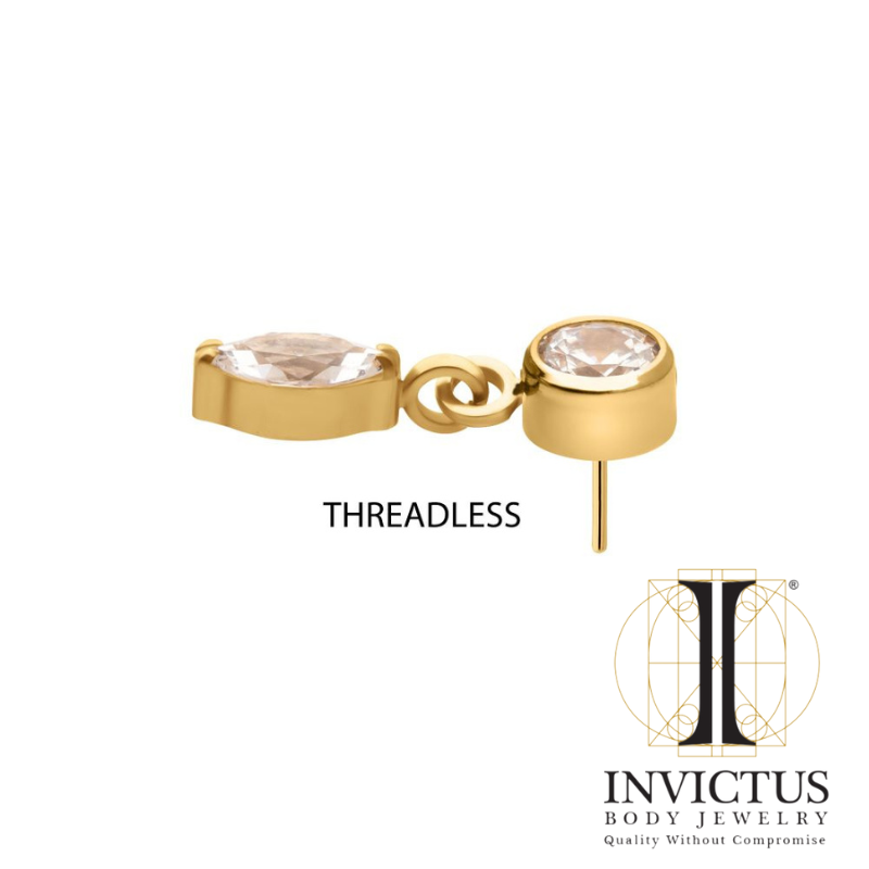 24KT Gold PVD Titanium Threadless Bezel Gem Ends with Marquise Dangle