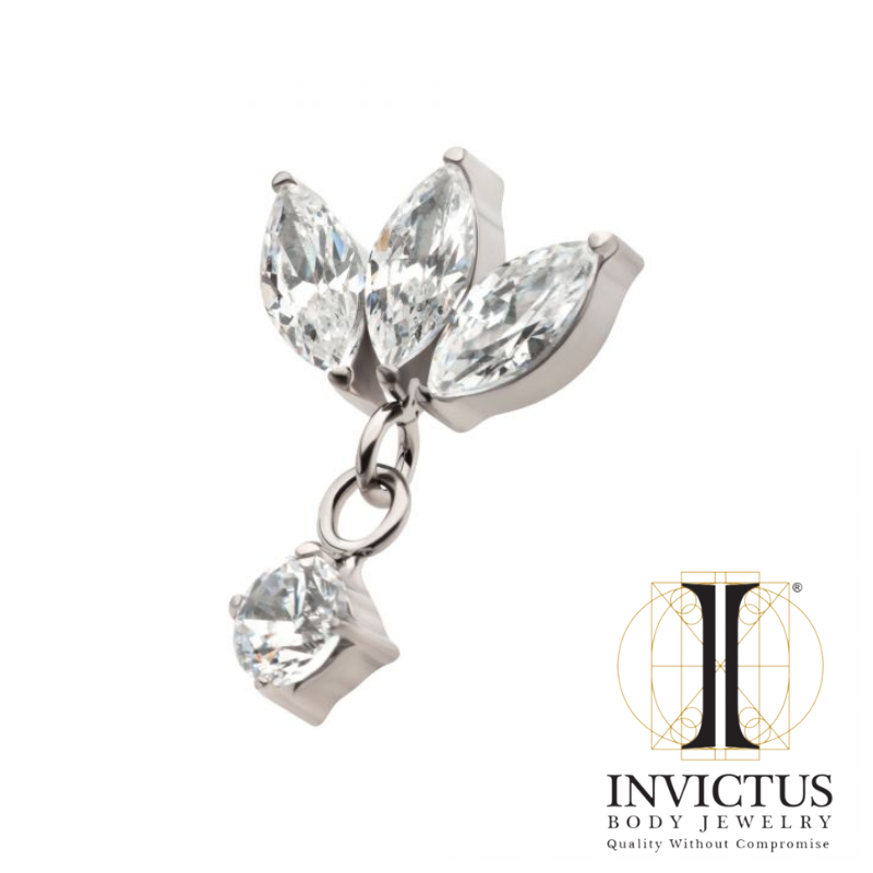 Titanium 3 Cluster Marquise CZ Ends with Dangle Prong Round CZ