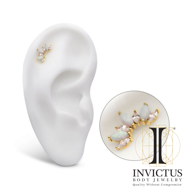 14Kt Yellow Gold Threadless Alternating Marquise CZ/Opal 7-Cluster Ends