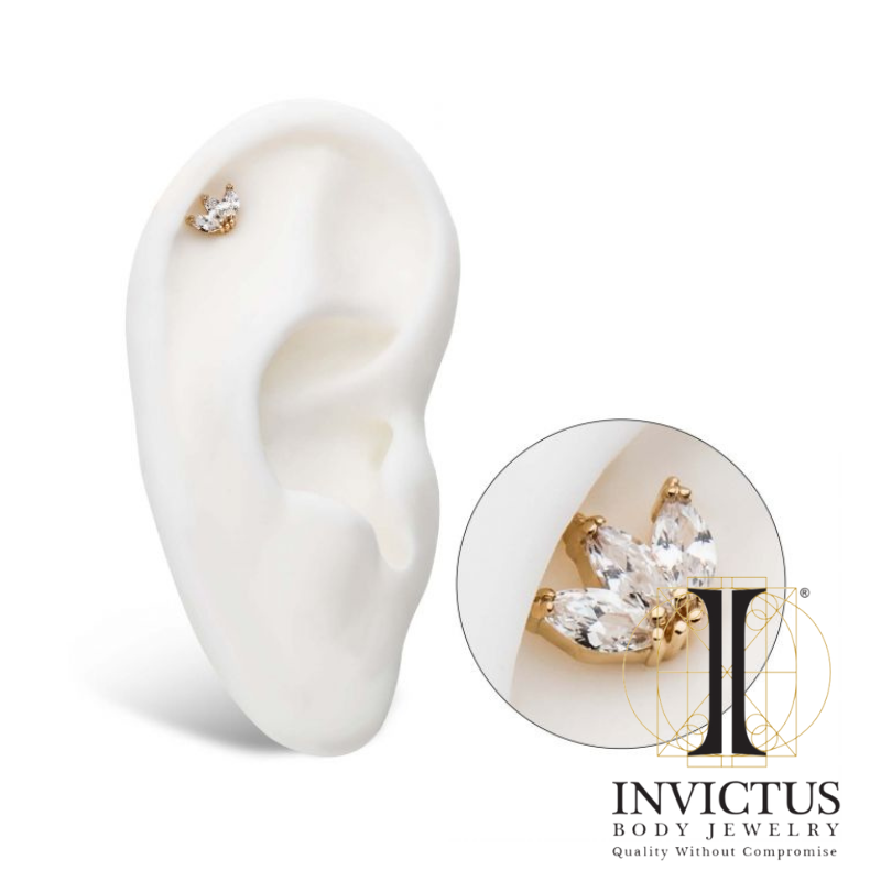 14Kt Yellow Gold Threadless Tri-bead Marquise Clear CZ Cluster Ends