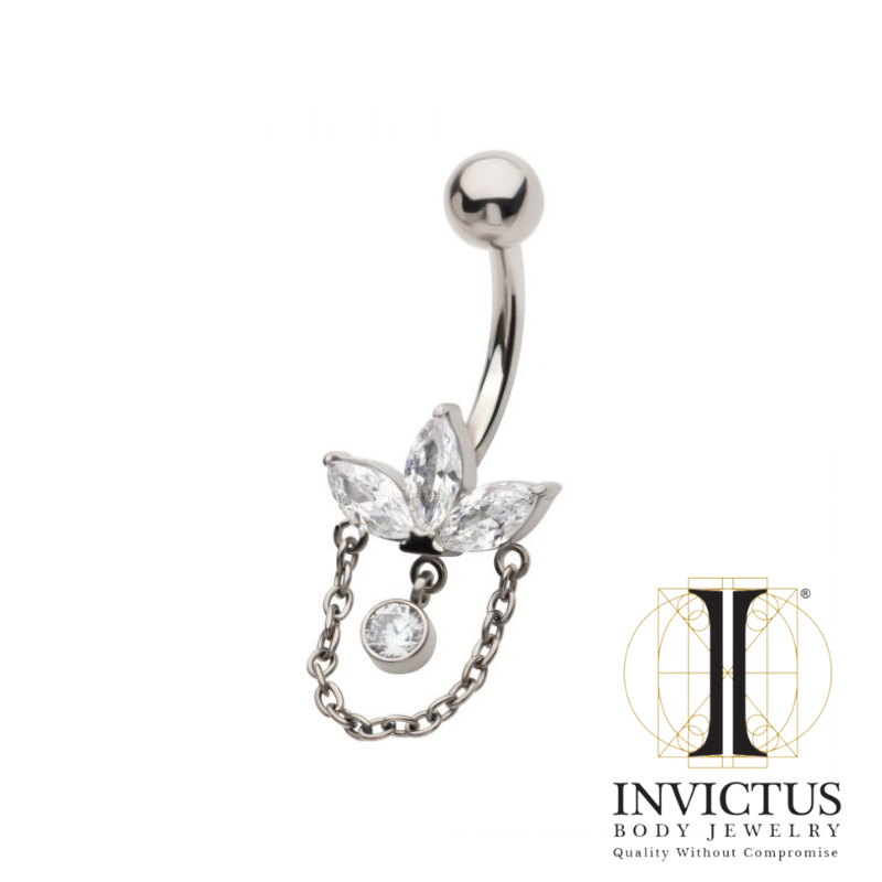 Navel 3-Cluster Pronged Marquise with Chain & Gem Dangles