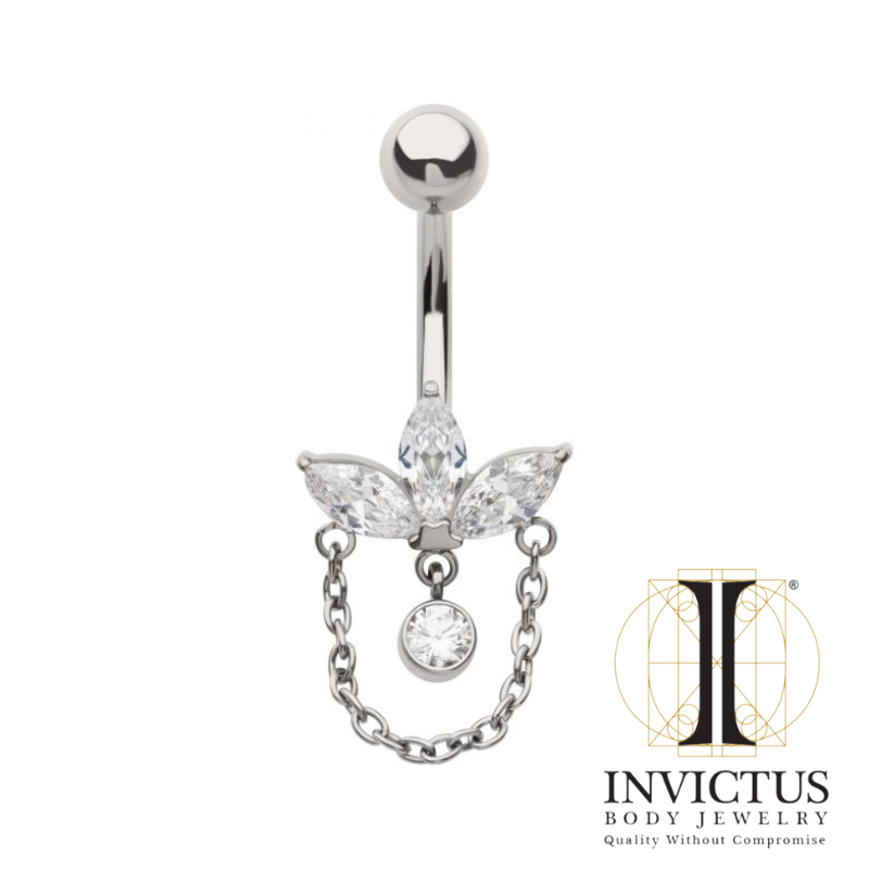 Navel 3-Cluster Pronged Marquise with Chain & Gem Dangles
