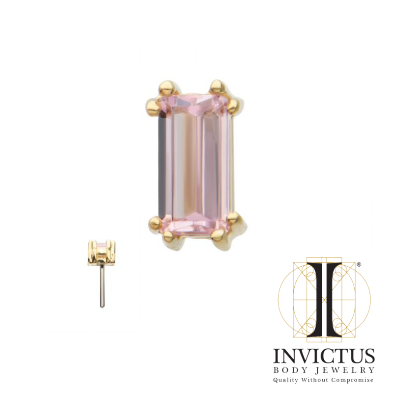 14Kt Yellow Gold Threadless Emerald Cut Pink CZ Ends