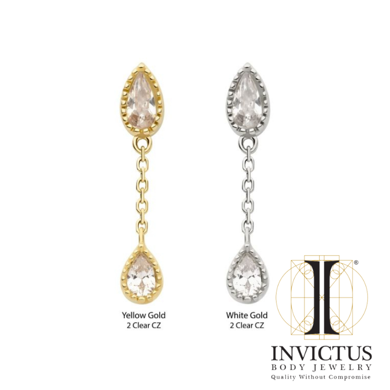 14Kt Yellow Gold Threadless Double Teardrop CZ Dangle Chain Ends