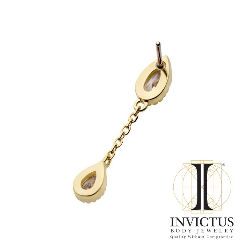 14Kt Yellow Gold Threadless Double Teardrop CZ Dangle Chain Ends