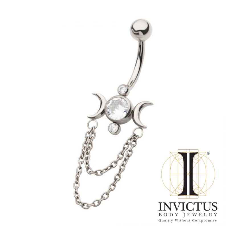 Navel Titanium Bezel Round CZ Triple Moon Phase Navel with 2 Dangle Chain