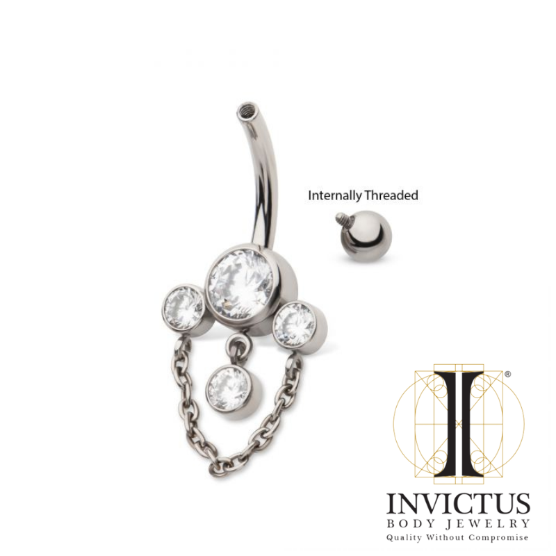 Navel Titanium Cluster Bezel Round CZ with Chain & Gem Dangles