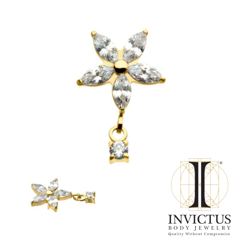 24Kt Gold PVD Titanium Threadless Marquise CZ Flower Ends with Dangle Round CZ