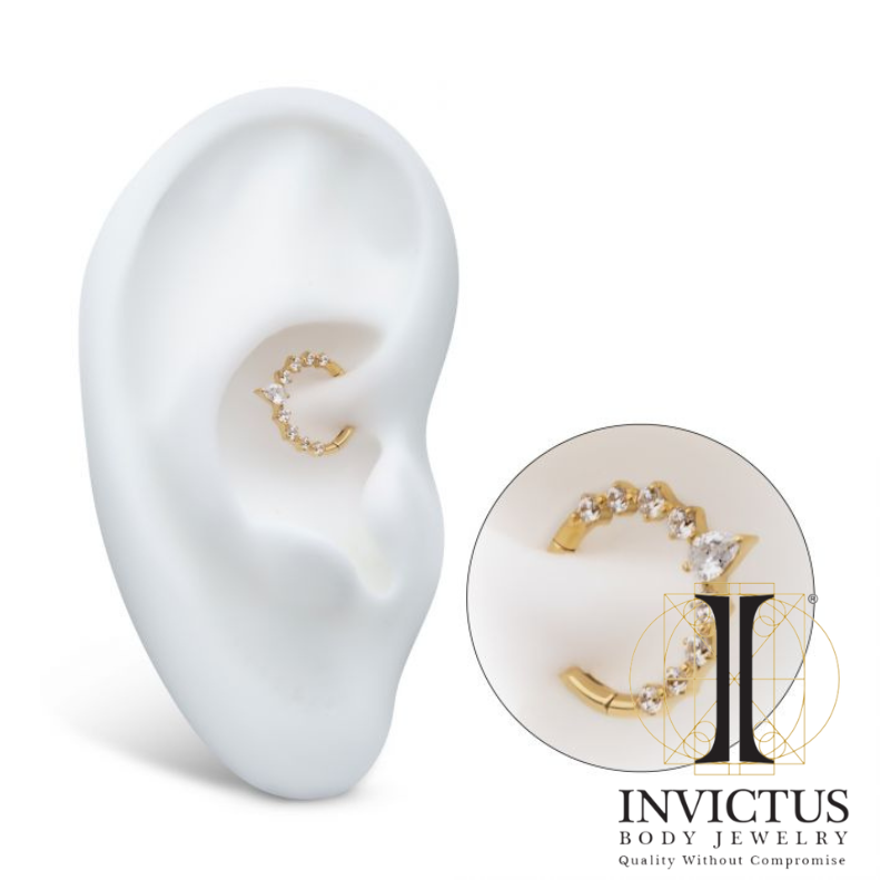 24Kt Gold PVD Titanium Cluster Round & Teardrop CZ Front Facing Hinged Segment Clicker