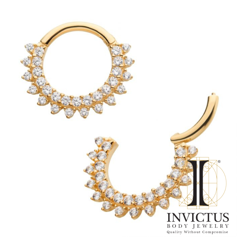 14Kt Yellow Gold with Double Row Prong Set Clear CZ Front Facing Hinged Segment Clicker
