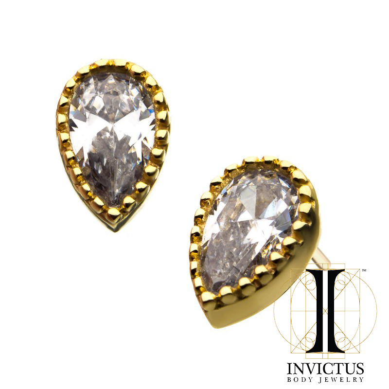 14kt Gold Threadless with Clear CZ Teardrop Ends - REBELLIC