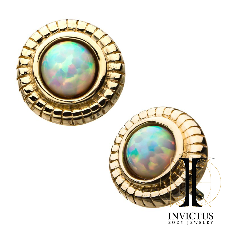 14kt Gold Threadless Bezel Set White Synthetic Opal Fine Line Scalloped Edge Ends - REBELLIC