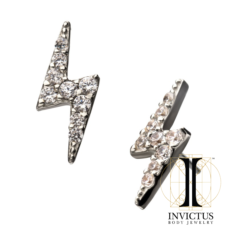 14kt White Gold Threadless Prong Set 9-Clear Gem Lightning Bolt Top - REBELLIC