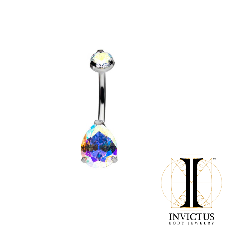 Titanium Double CZ Gem 3-Prong Teardrop Navel Curve - REBELLIC