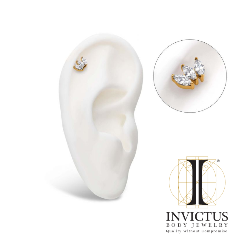 24Kt Gold PVD Threadless with Prong Set Marquise CZ 3-Cluster Top
