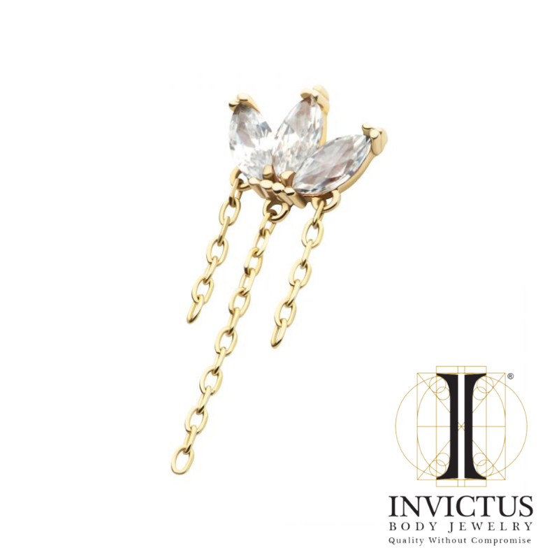 14Kt Yellow Gold Threadless 3-Cluster Fan Shape Marquise CZ/Opal Top with Dangle Triple Chain