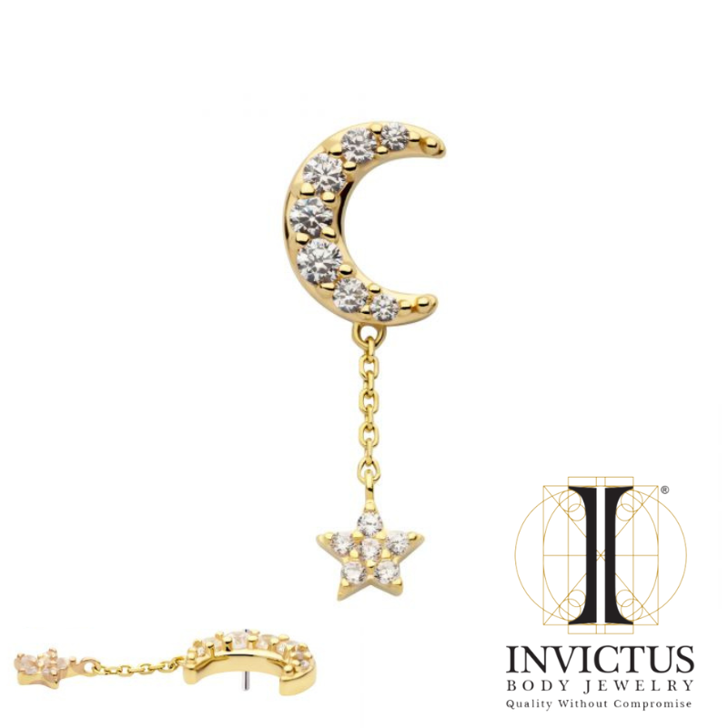 14Kt Yellow Gold Threadless Pave Set CZ Crescent Moon Top with Pave Set CZ Star Dangle Chain