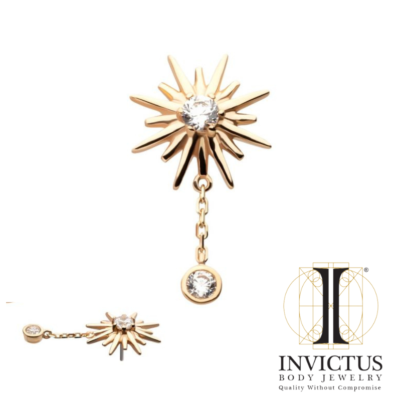 14Kt Yellow Gold Threadless Top with Prong Set CZ Sunburst & Bezel Set CZ Dangle Chain