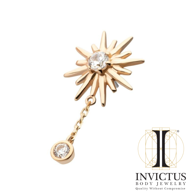 14Kt Yellow Gold Threadless Top with Prong Set CZ Sunburst & Bezel Set CZ Dangle Chain