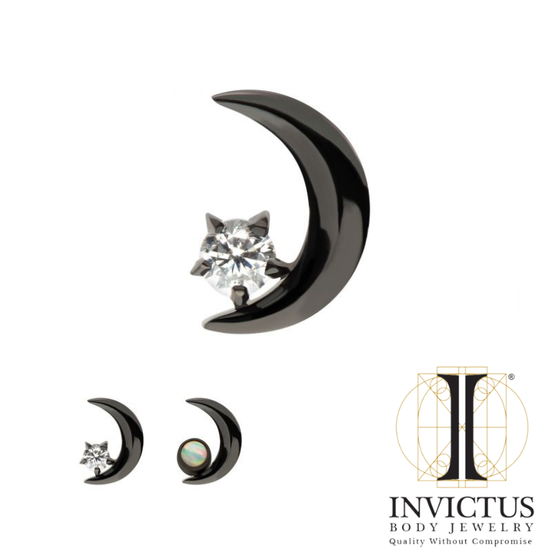 Black PVD Titanium Crescent Moon with CZ/Opal Top