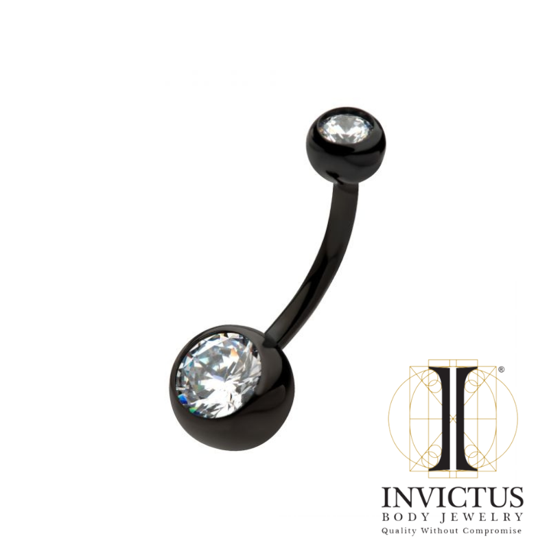 Black PVD Titanium Internally Threaded Bezel Set Double CZ Fixed Bottom Navel