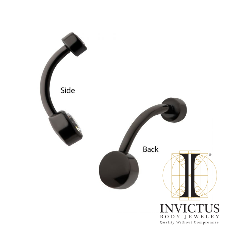 Black PVD Titanium Internally Threaded Bezel Set Double CZ Smooth Rounded Back Fixed Bottom Navel Ring