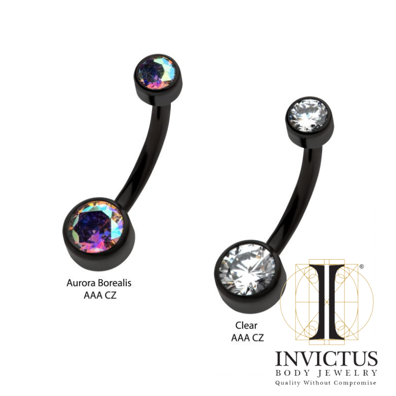 Black PVD Titanium Internally Threaded Bezel Set Double CZ Smooth Rounded Back Fixed Bottom Navel Ring
