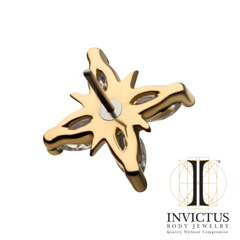 14kt Gold Threadless Prong Set 4-Clear CZ Cross Top