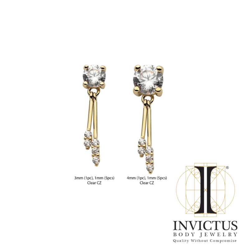 14Kt Yellow Gold Threadless Prong Set CZ Top with Gemmed Dangle Double Bar