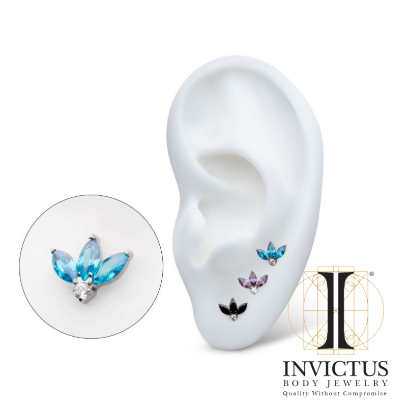 Titanium Threadless 3-Cluster Marquise & Round CZ Fan Shape Top