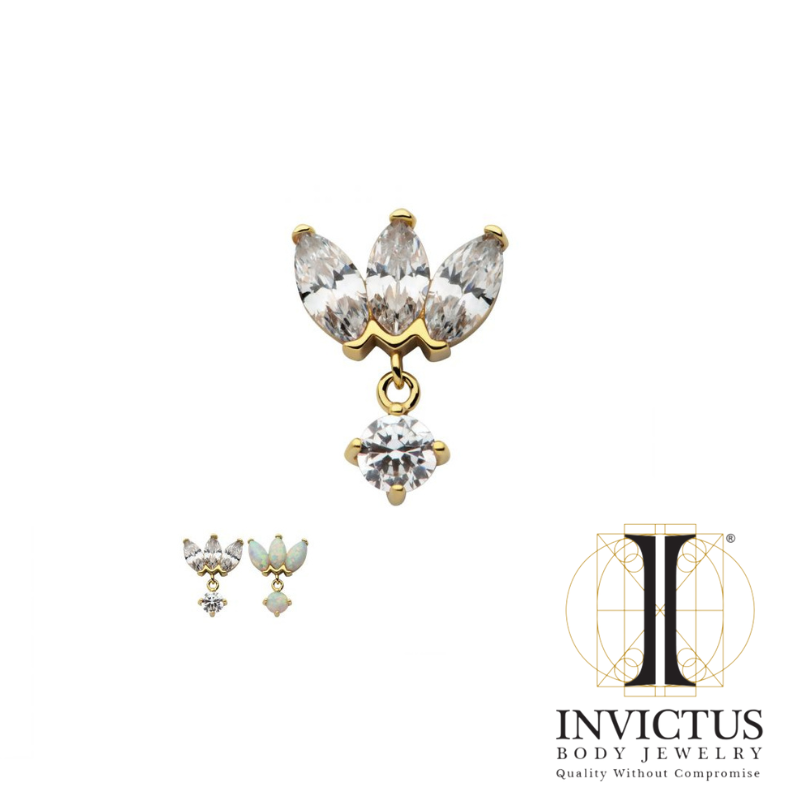 14Kt Yellow Gold Threadless 3-Cluster Fan Shape Marquise CZ/Opal Top with Dangle Prong Set CZ/Opal