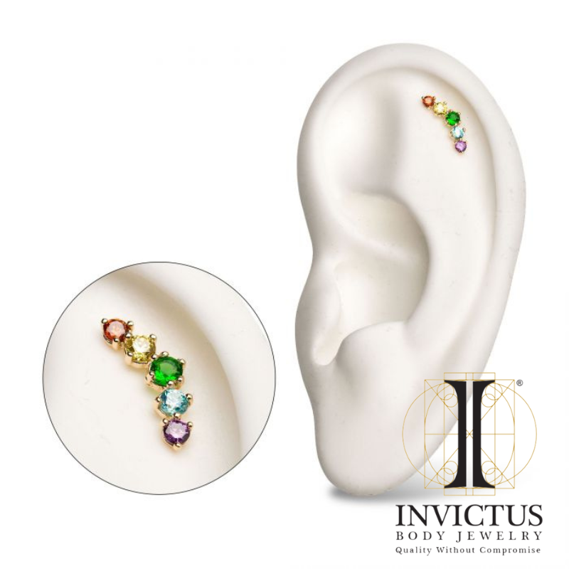 14Kt Yellow Gold Threadless with 5-Rainbow Ends