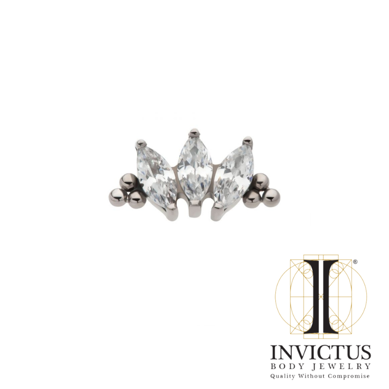 Titanium Threadless with Tri Beads & Prong Set Marquise CZ 3-Cluster Top
