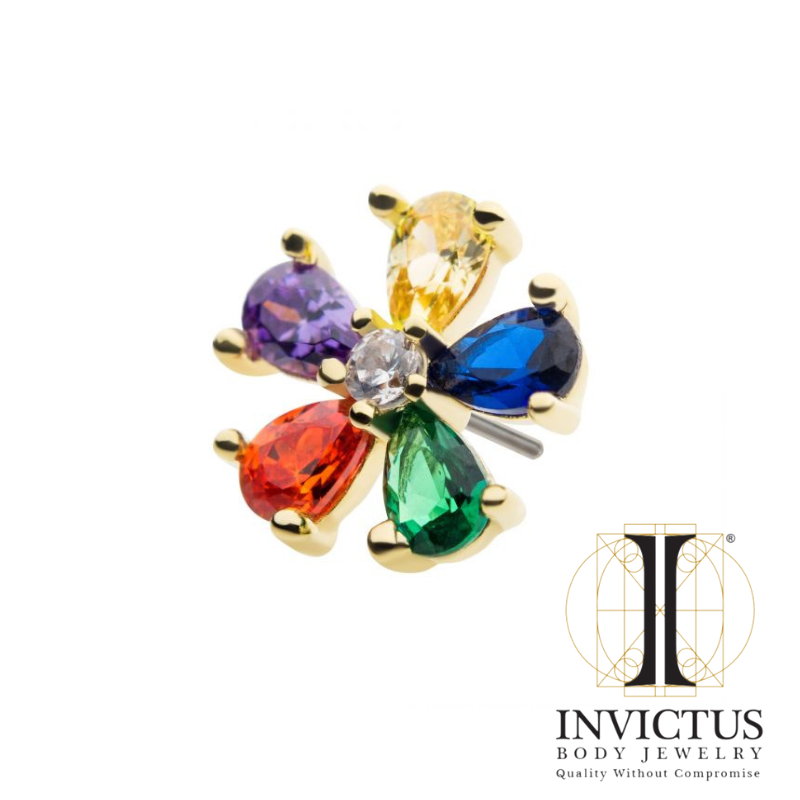 14Kt Yellow Gold Threadless with Rainbow Flower Ends