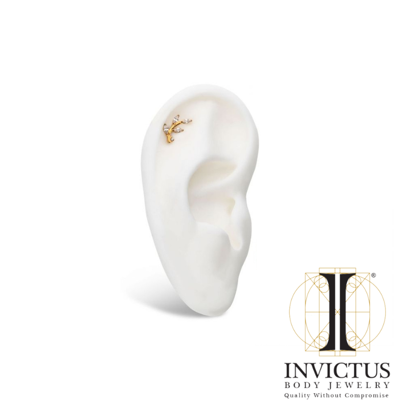 24Kt Gold PVD Threadless Prong Set Marquise CZ Leaf Top