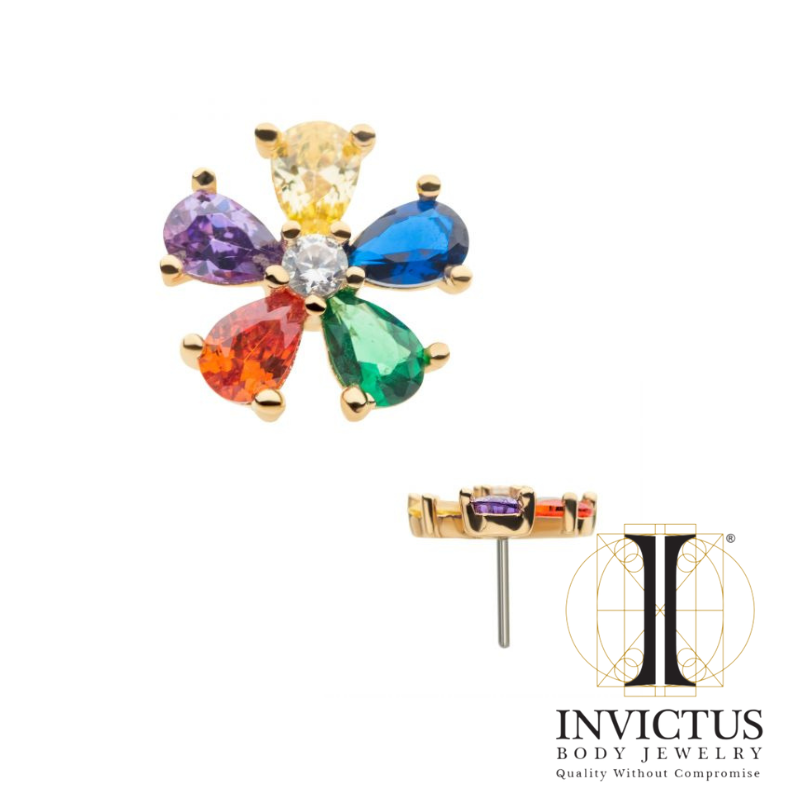 14Kt Yellow Gold Threadless with Rainbow Flower Ends