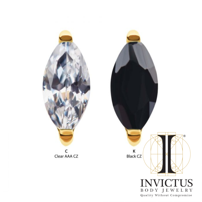 24Kt Gold PVD Threadless with 2-Prong Marquise CZ Top