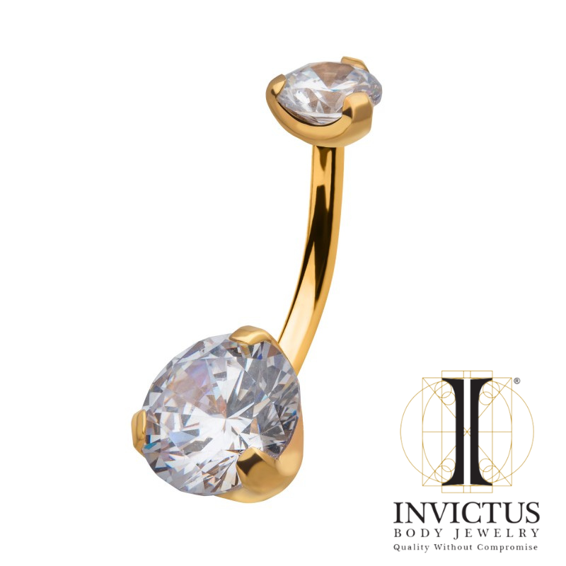 24KT Gold PVD Titanium Internally Threaded with Prong Set Clear CZ Fixed Navel