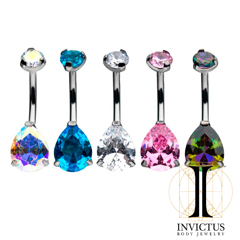 Titanium Double CZ Gem 3-Prong Teardrop Navel Curve - REBELLIC