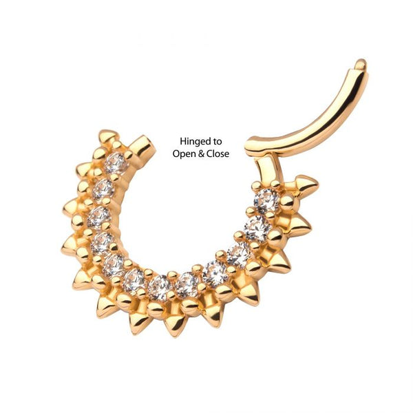 14Kt Yellow Gold with 12-Cluster Prong Set Clear CZ Spiked Edge Front Facing Hinged Segment Clicker