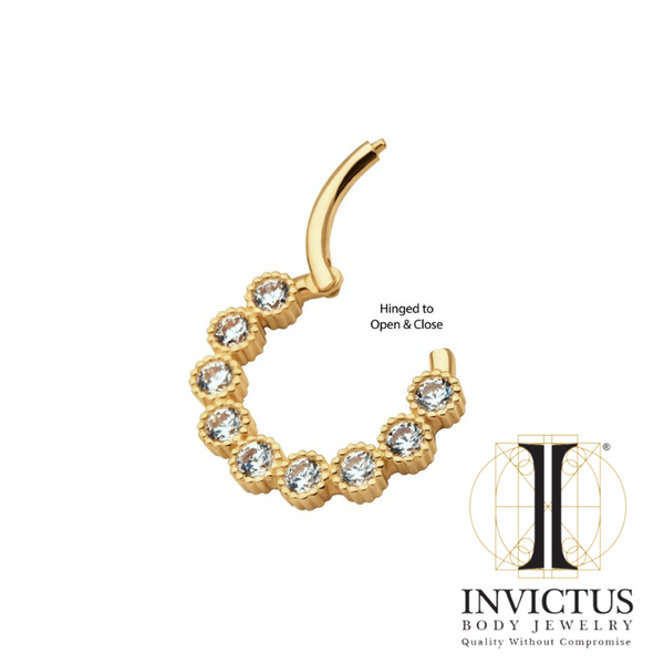 14Kt Yellow Gold with 9-Cluster Bezel Set Clear CZ Beaded Edge Front Facing Hinged Segment Clicker