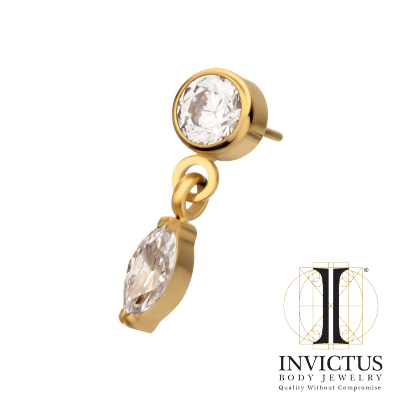 24KT Gold PVD Titanium Threadless Bezel Gem Ends with Marquise Dangle