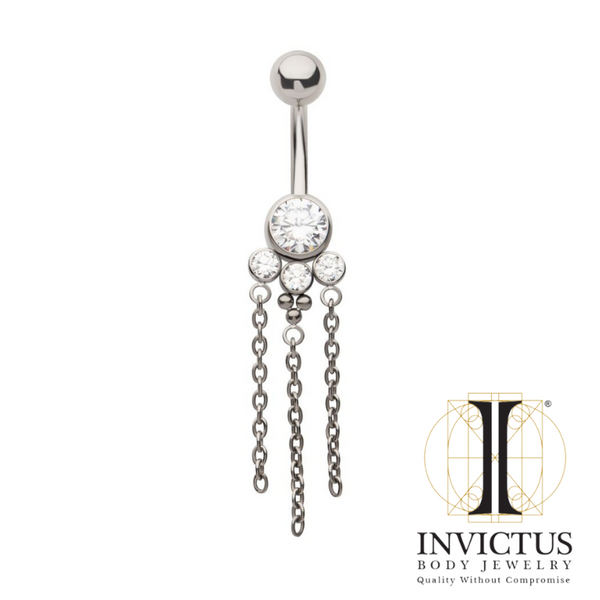 Titanium Internally Threaded Bezel Set Round Gem Cluster Navel with Tri-Bead and Triple Chain Dangle