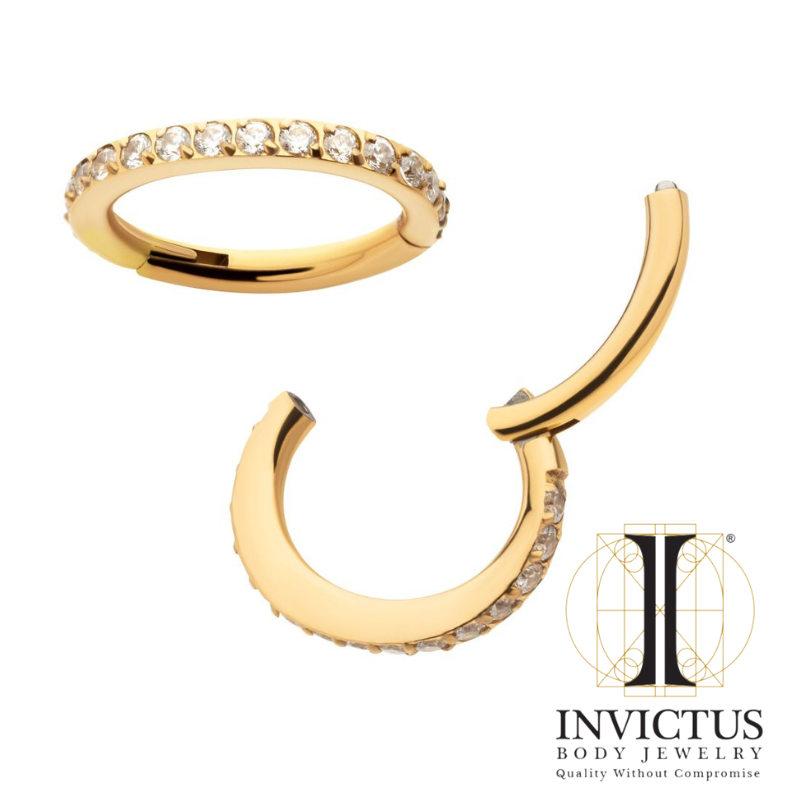 24Kt Gold PVD Titanium Oval Shape with Clear CZ Hinged Segment Clicker