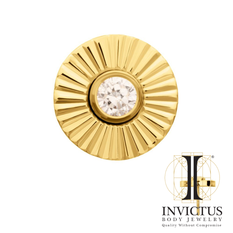 24Kt Gold PVD Titanium Threadless Corrugated Circle with Bezel Gem Ends