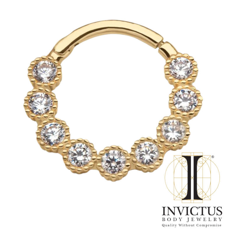 14Kt Yellow Gold with 9-Cluster Bezel Set Clear CZ Beaded Edge Front Facing Hinged Segment Clicker