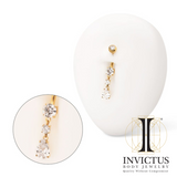 24Kt Gold PVD Titanium Internally Threaded Double Dangle Prong Set Round and Teadrop Gem Navel